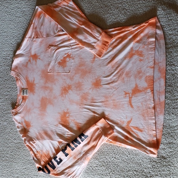 PINK Victoria's Secret Tops - VS LOVE PINK Logo Collectable Tie Dyed Cotton Long Sleeve Pocket Crew Shirt